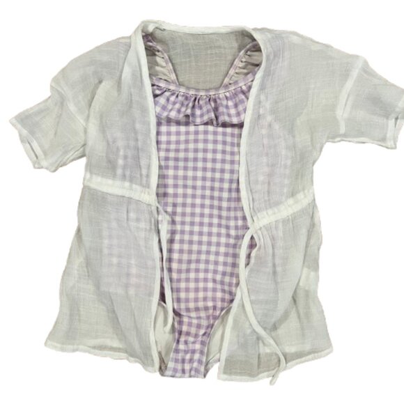 Carter's Purple Gingham One Piece Girls Swimsuit Size 4T With White Coverup - Picture 1 of 9